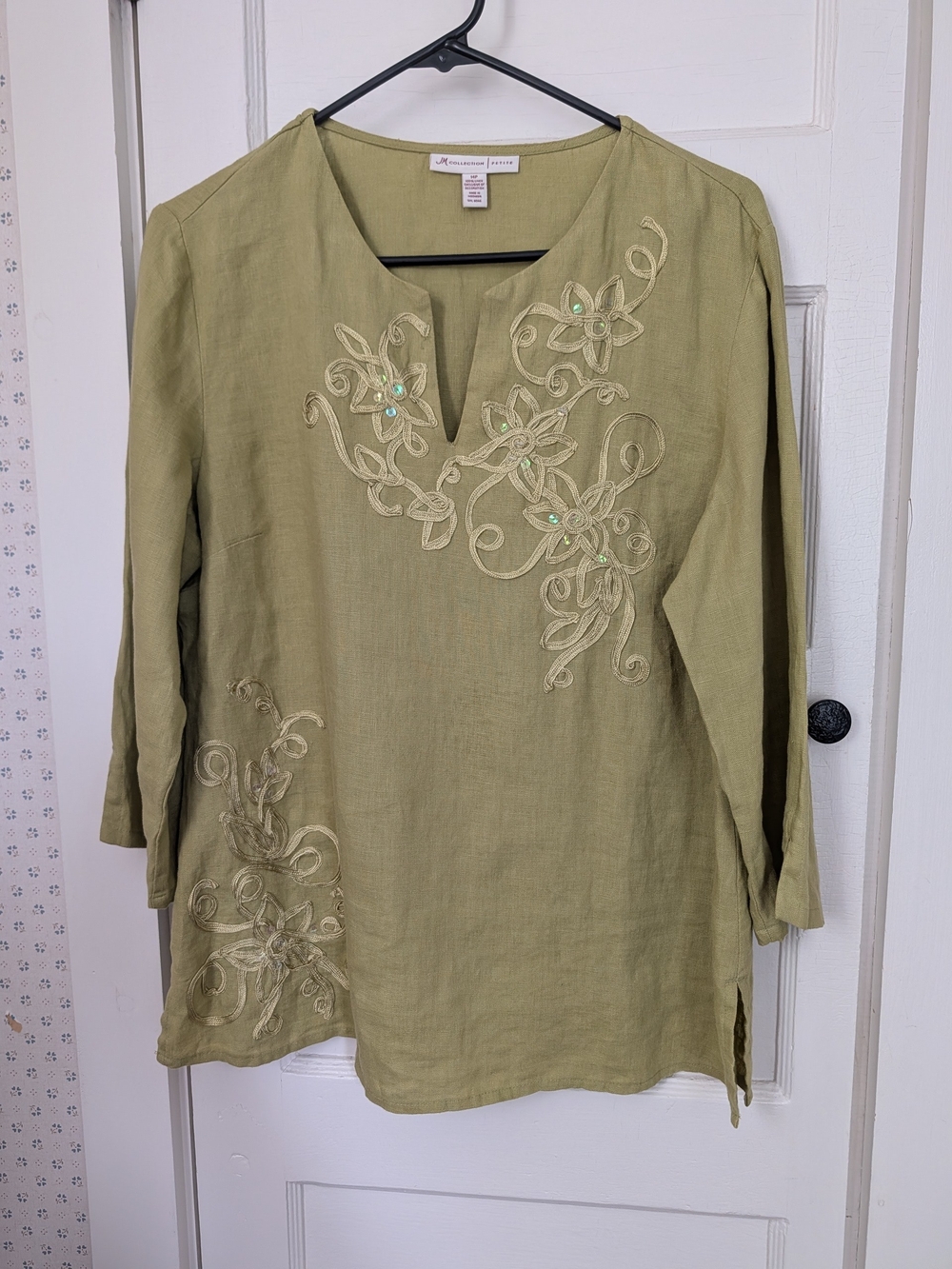 Linen Top Embroidered 14P Tunic  3/4 sleeves embroidery sequins Boho Dressy